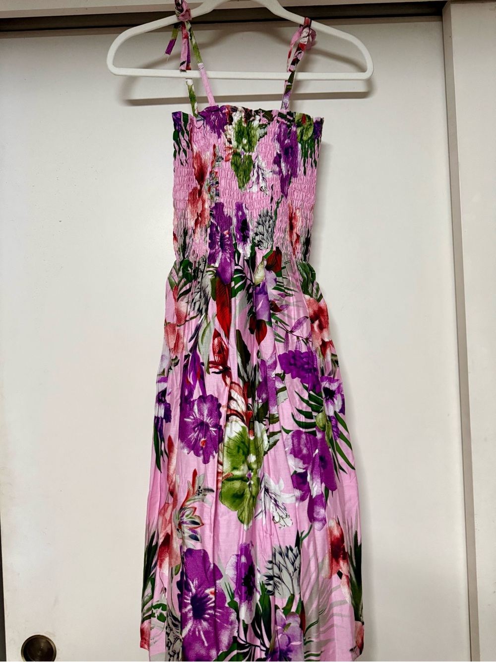 Pink Floral Smocked Sundress with Purple & Green Accents